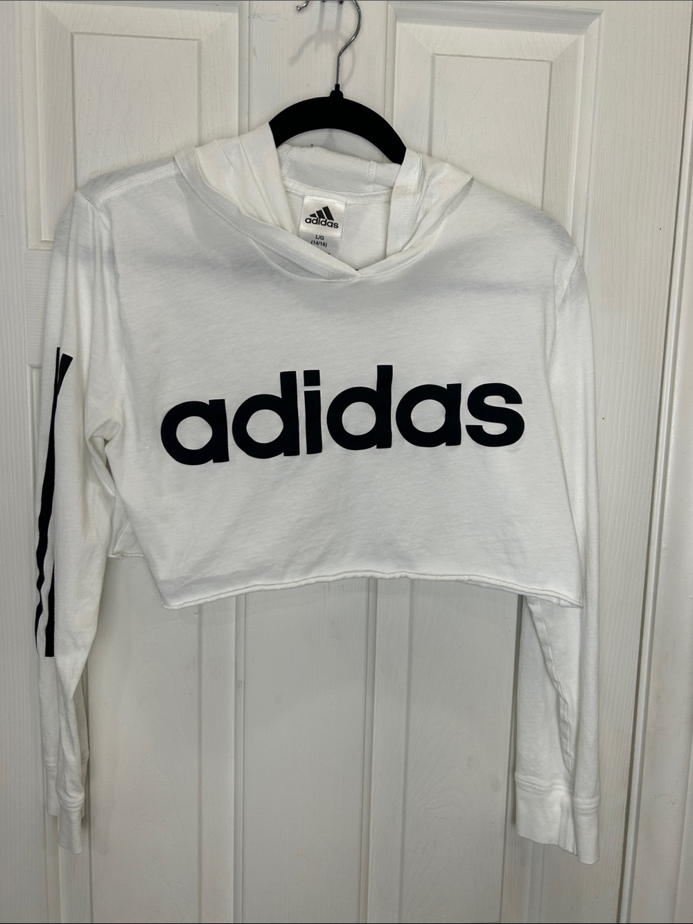 adidas White Cropped Hoodie Black Logo & Sleeve Stripes Girl’s 14/16 Women’s Sm